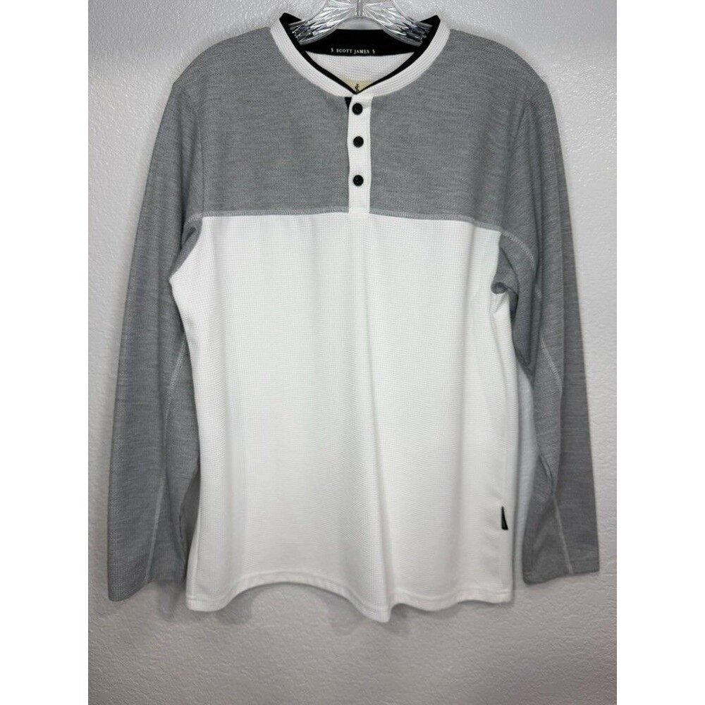Scott James Mens Long Sleeve Pullover Shirt Mens Large Gray White Black 443